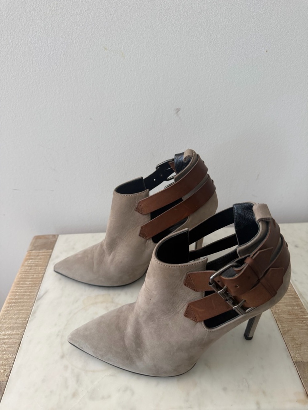 AllSaints Taupe Pointed Suede Ankle Heels with Brown Buckle Straps